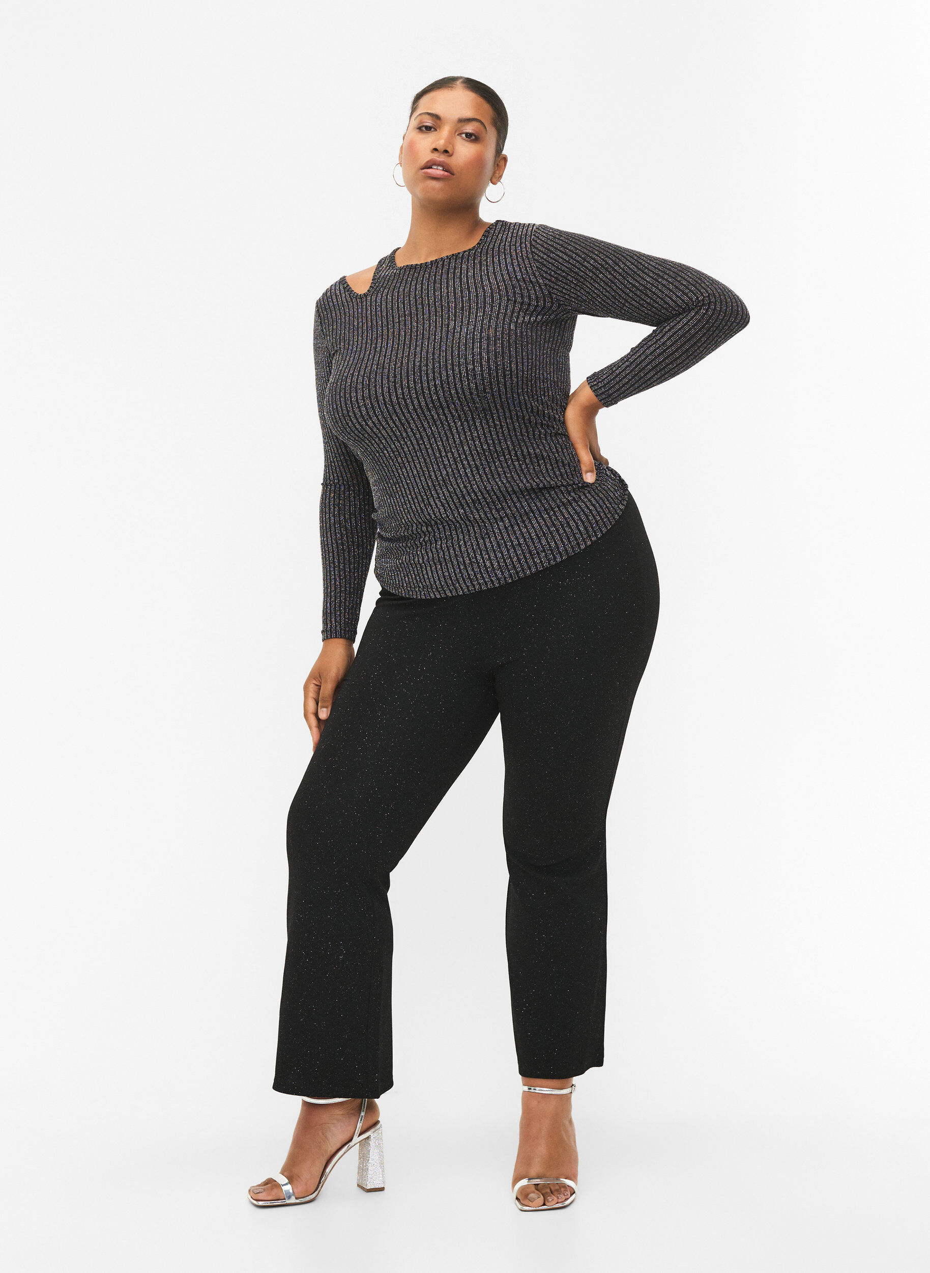 ZizziUitgesneden blouse met lange mouwen en glitter, B. w. Silver Stripes, Model image number 3