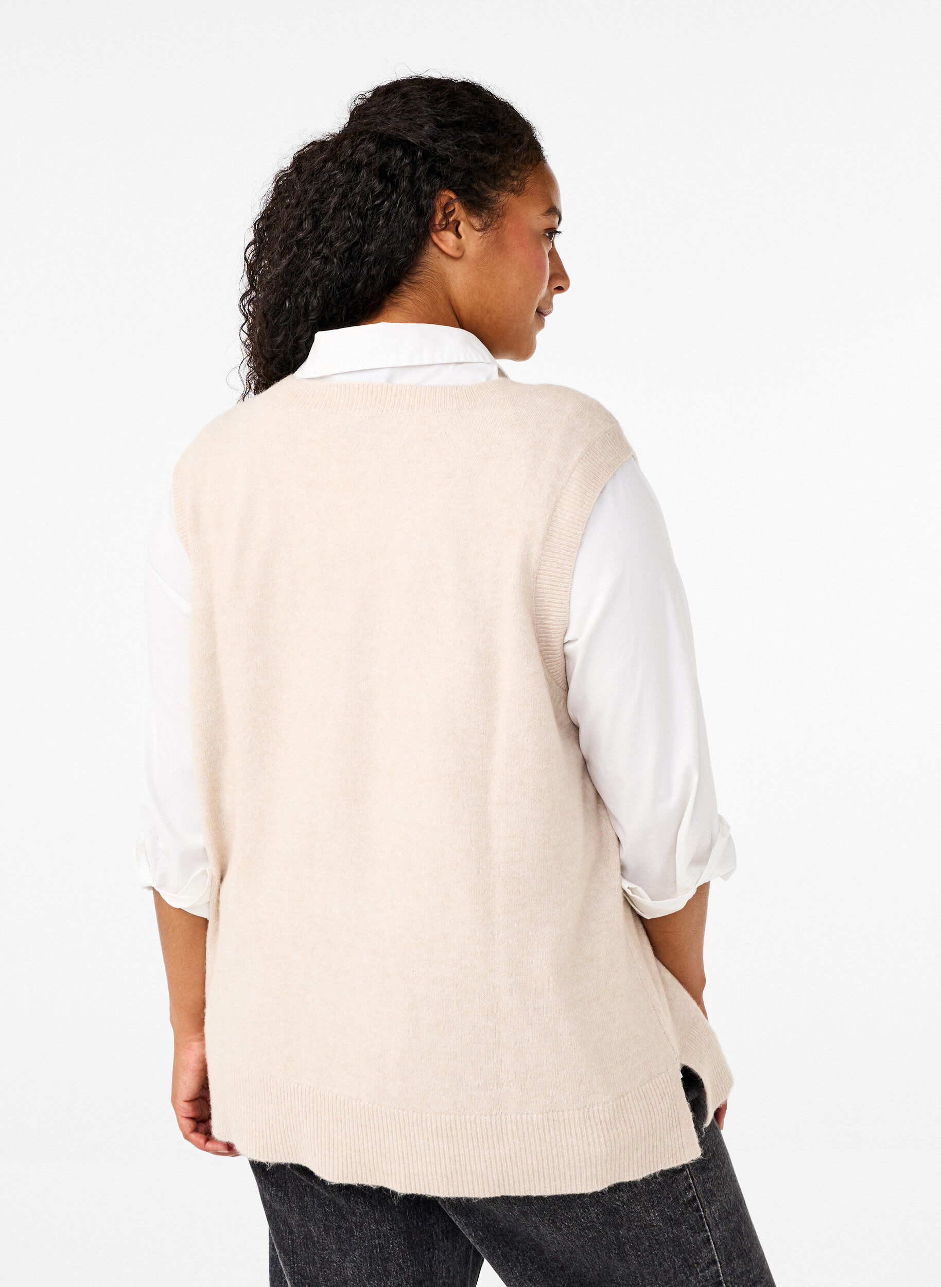 Zizzi Gilet en tricot avec bord c&ocirc;tel&eacute;, Pumice Stone Mel., Model image number 1