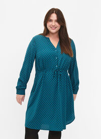SHOCK PRIJS - Bedrukte jurk met koord in de taille, Shaded Spruce Dot, Model
