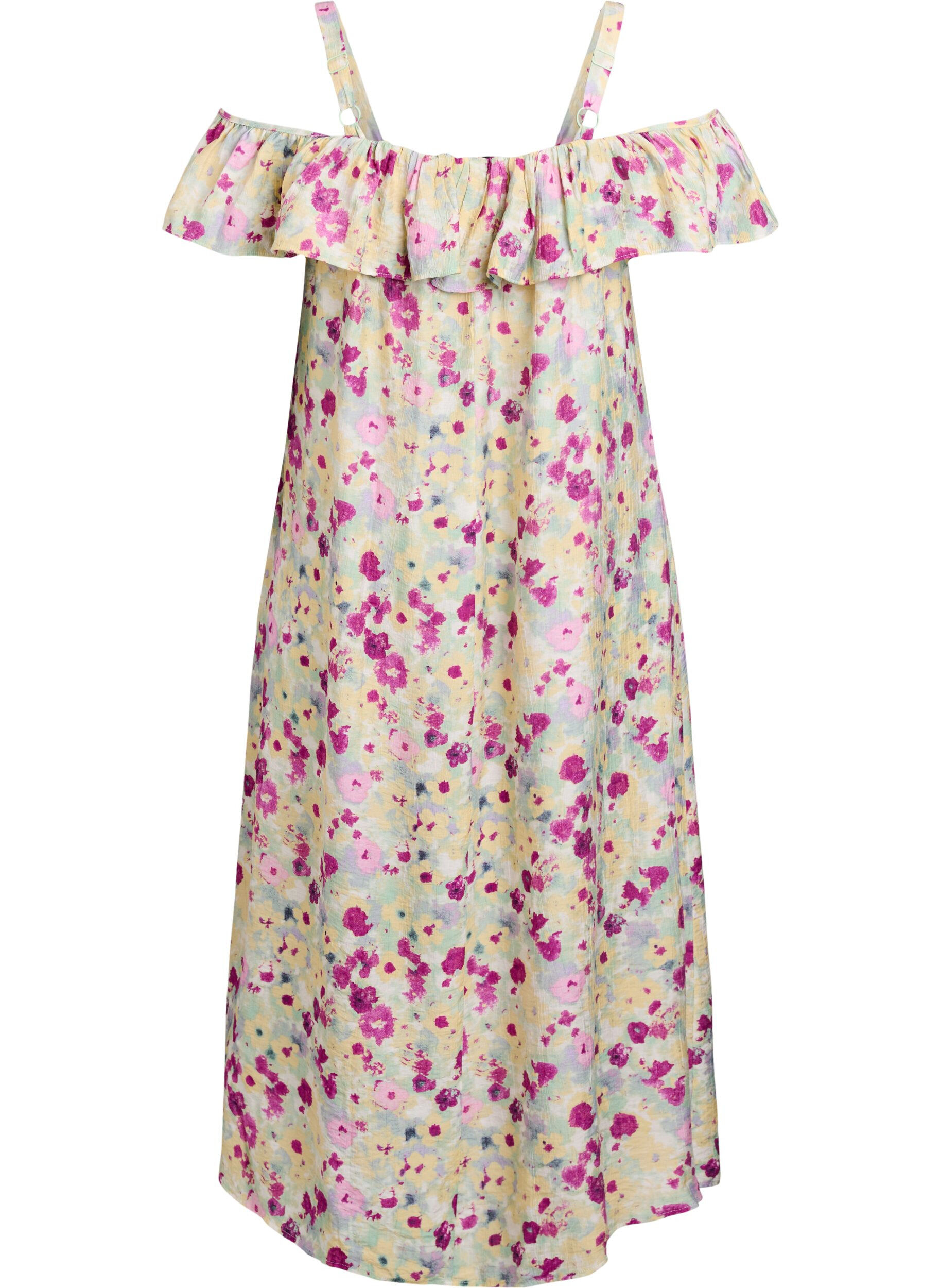 Zizzi Robe midi florale avec volants et &eacute;paules d&eacute;nud&eacute;es, Vanille, Packshot image number 1