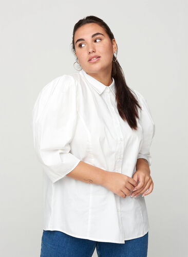 Katoenen blouse met 3/4 pofmouwen, Bright White, Model image number 0
