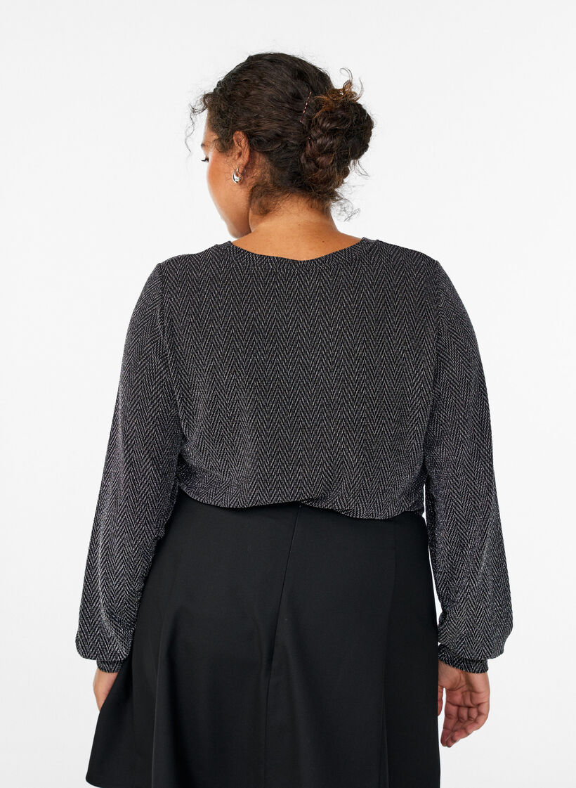 Blouse met visgraatpatroon en glinsterend garen, Zwart, Model image number 2