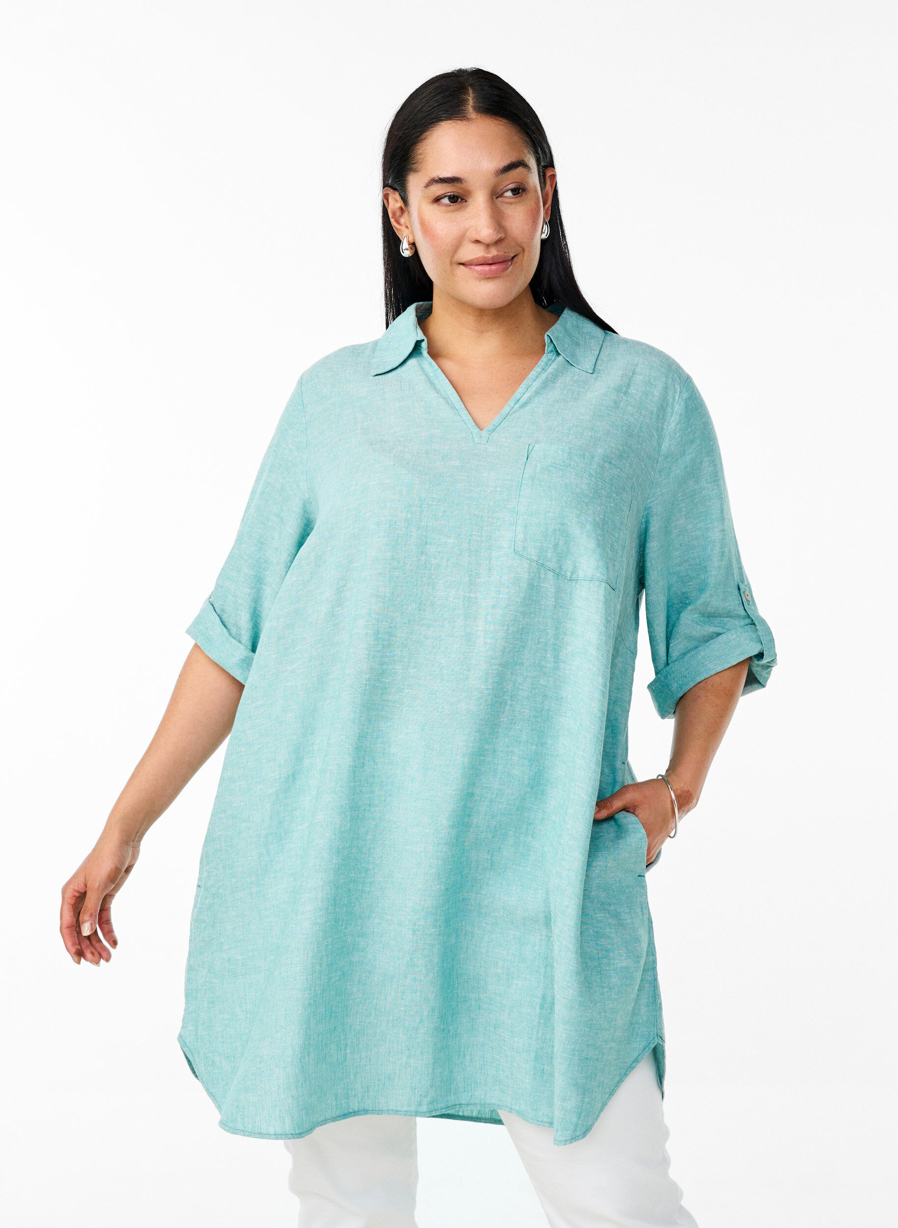 ZizziTuniek van linnen en viscose met A-vorm, Blauw, Model image number 0