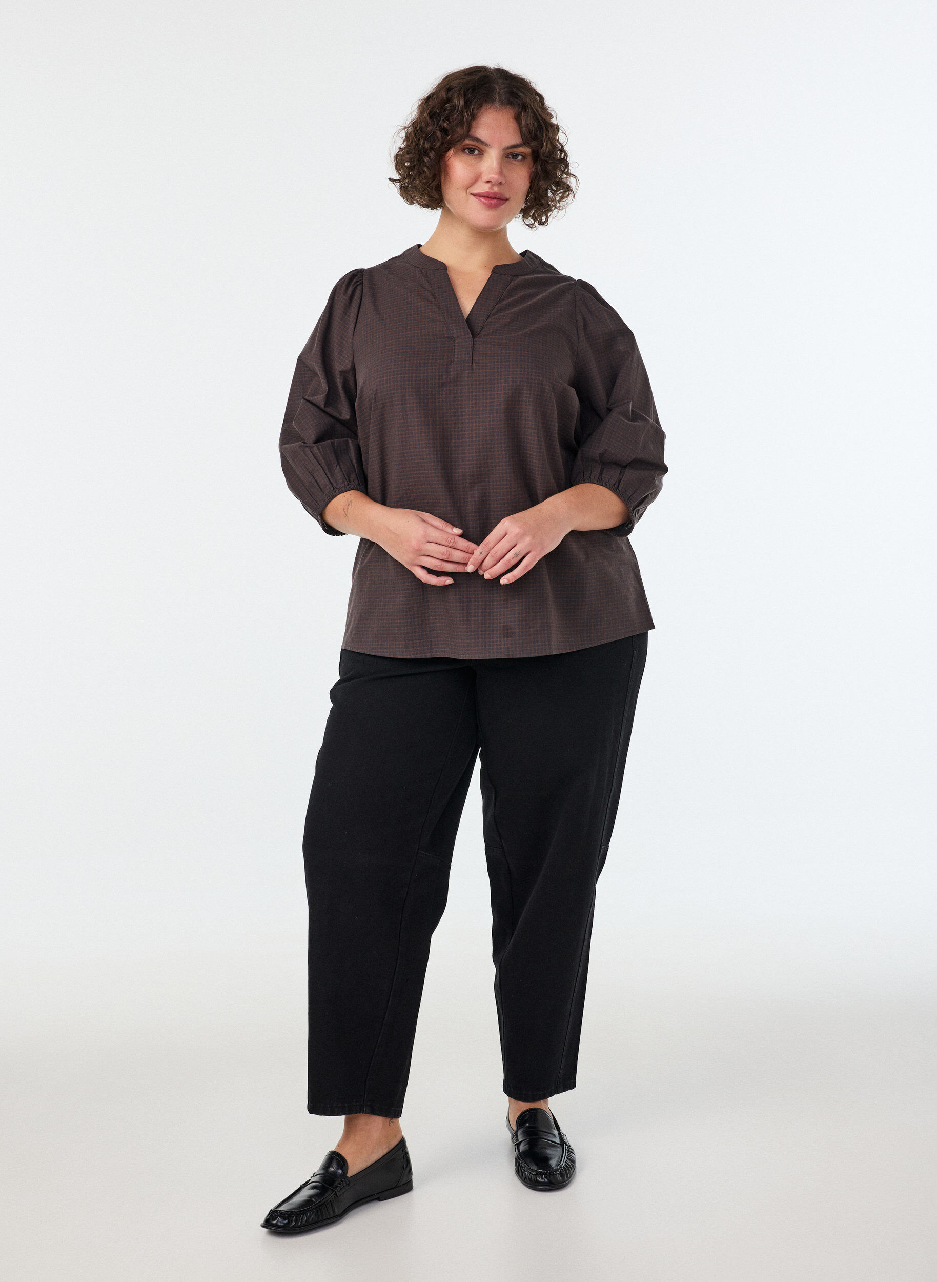 ZizziBlouse met ruitdessin, V-hals en 3/4-mouwen, Bruin, Model image number 1
