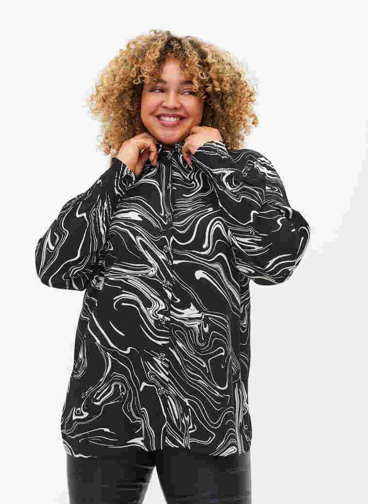Viscose overhemd met lange mouwen en print, Black Swirl AOP, Model