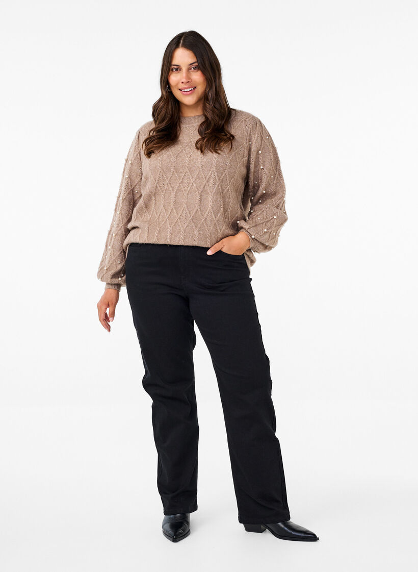 Gebreide trui met patroon en parels, Desert Taupe Mel., Model image number 2