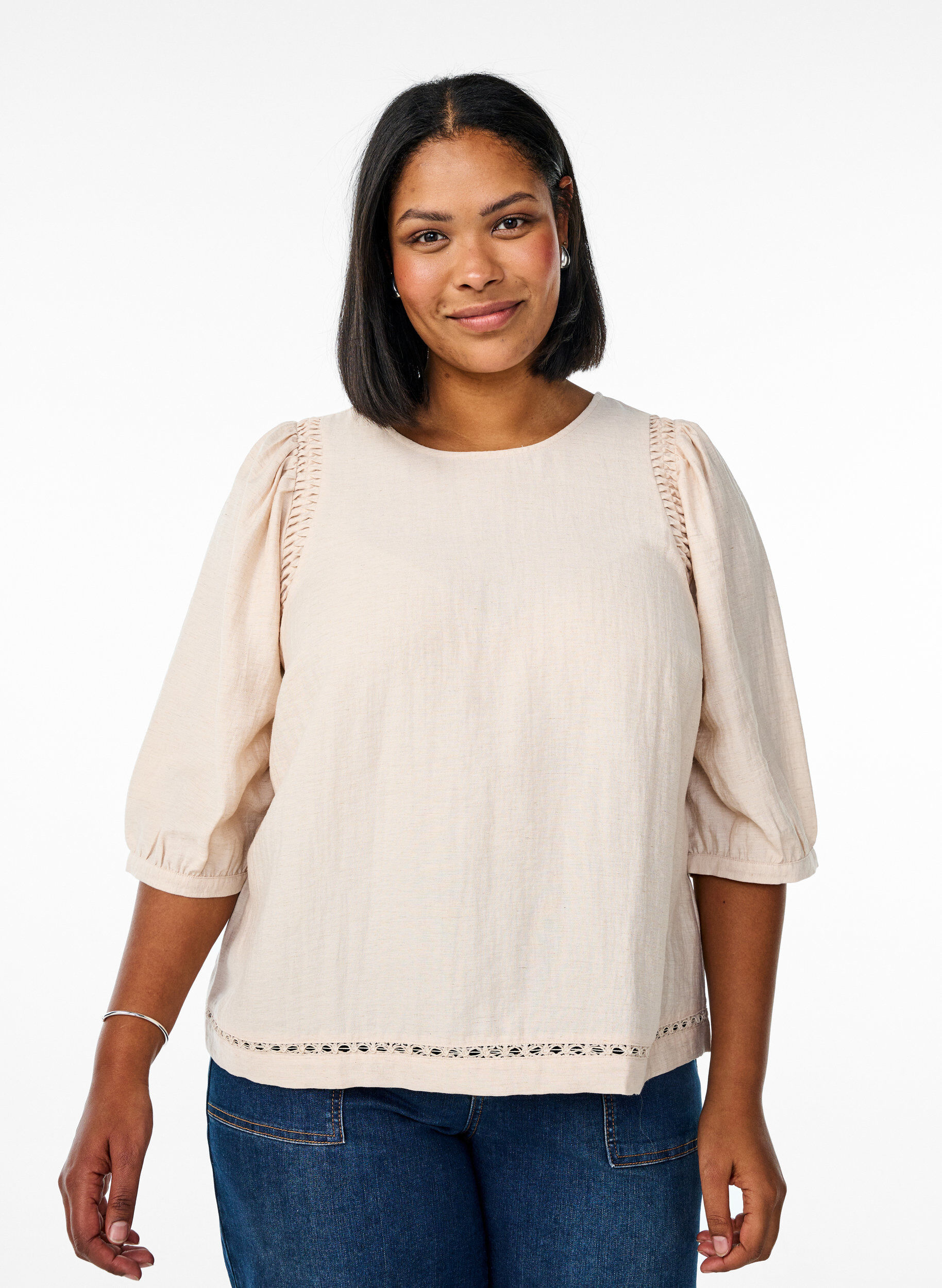 Zizzi Blouse en m&eacute;lange de viscose avec du lin et &eacute;paules fronc&eacute;es, Corail, Model image number 0