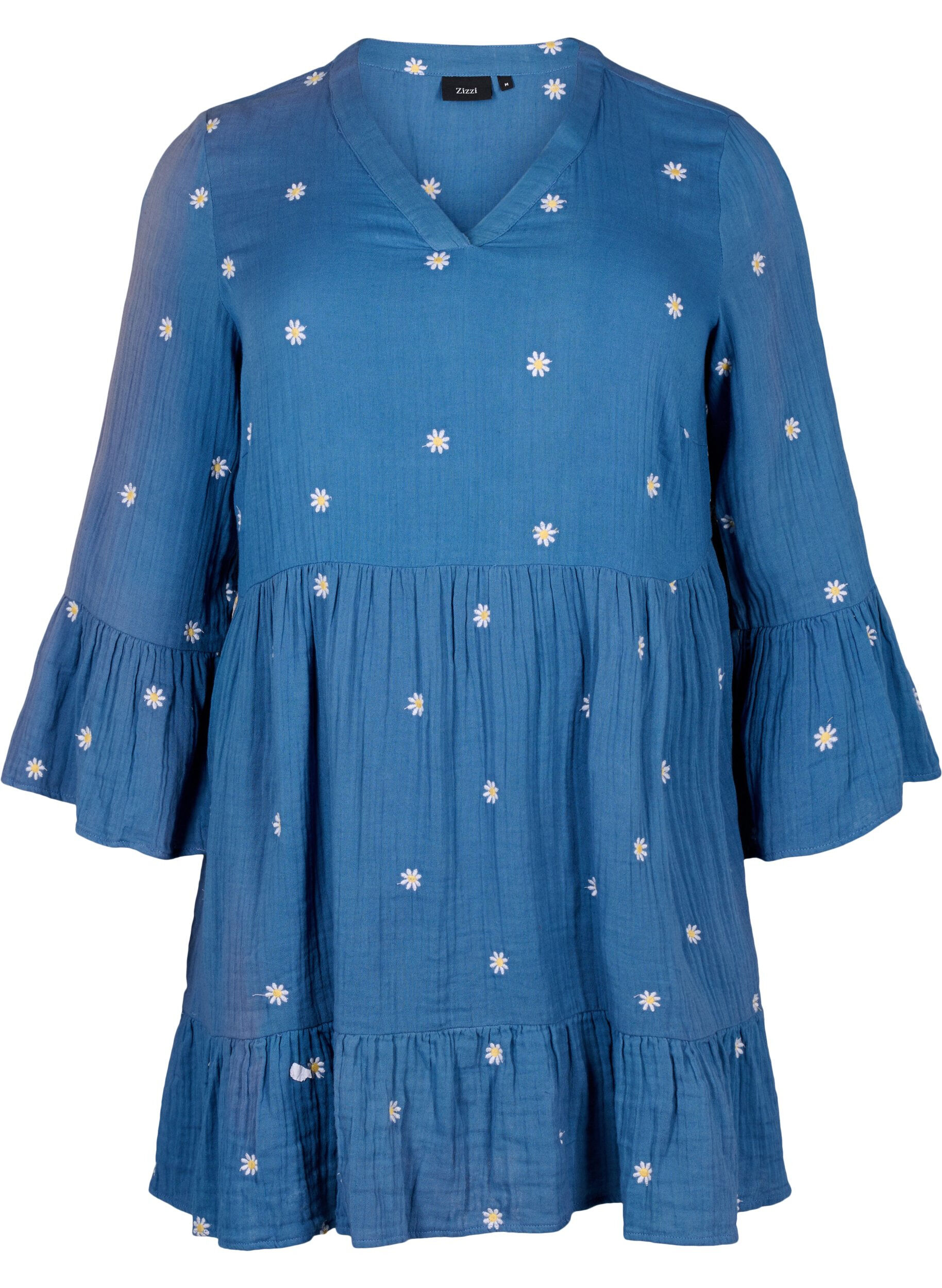 Zizzi Robe en coton doux avec des fleurs brod&eacute;es, Blue Horizon Daisy, Packshot image number 0