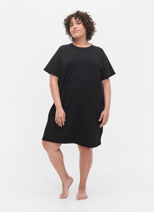 T-shirt pyjama jurk in katoen , Black, Model image number 2