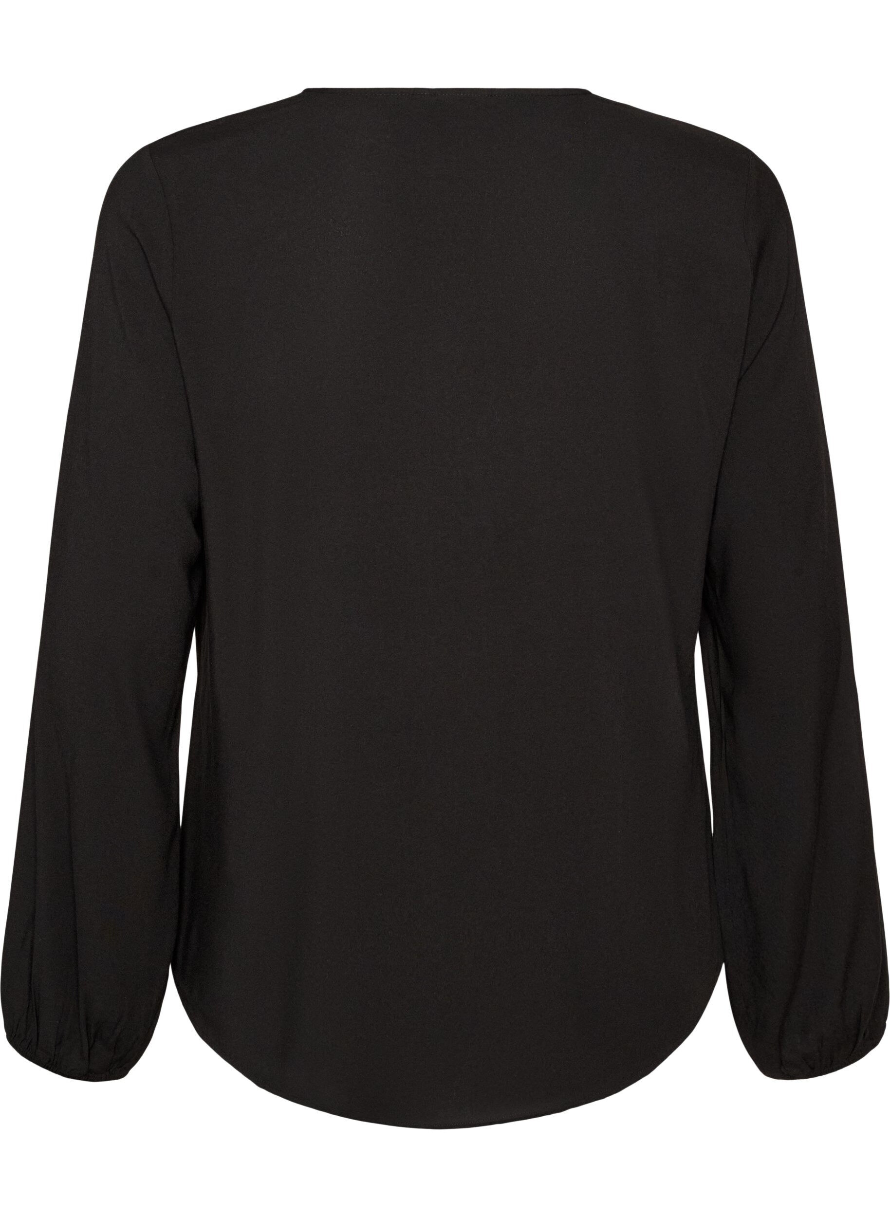 ZizziViscose blouse met V-hals en lange mouwen, Zwart, Packshot image number 1
