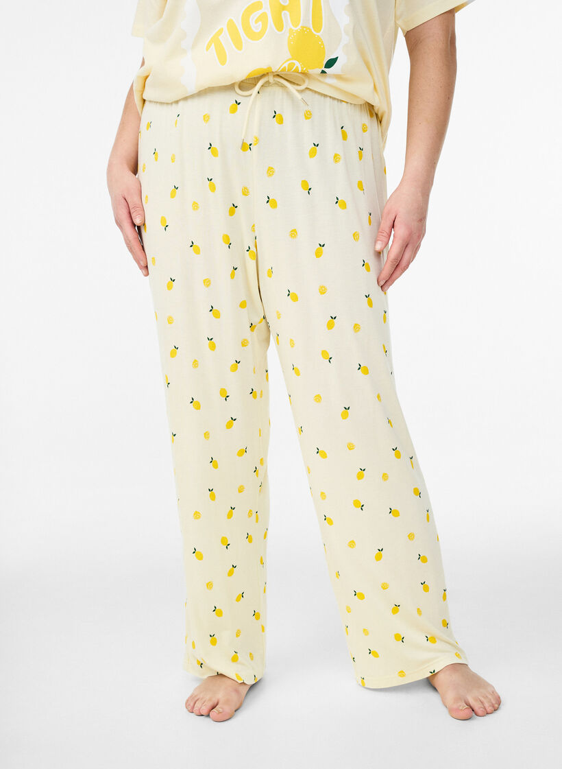 Pyjamabroek in zachte jersey met hoge taille en fruitprint, Geel, Model image number 2