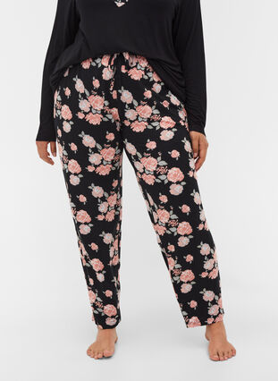 Gebloemde pyjama broek in viscose, Black Flower AOP, Model image number 2