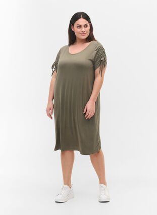 Viscose jurk met korte mouwen en koordjes, Dusty Olive, Model image number 2