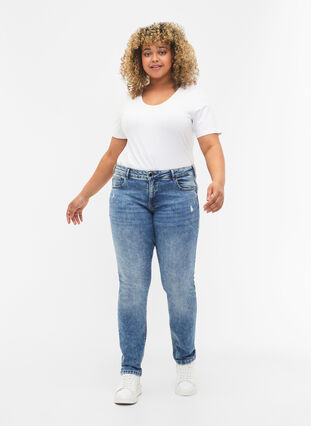Emily jeans met normale taille en destroy, Blue denim, Model image number 0