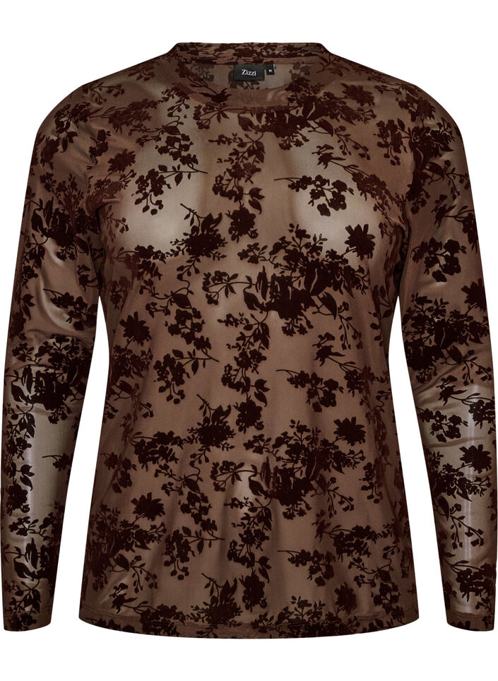 Blouse en maille avec motif floral, Marron, Packshot image number 0