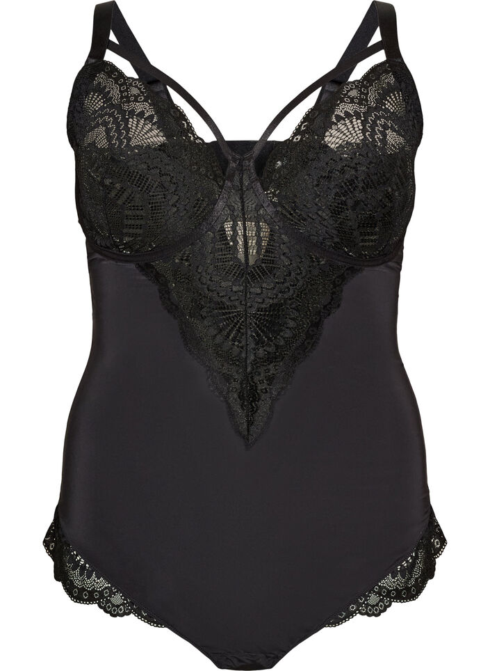 Body van kant met beugels en bandjesdetails, Zwart, Packshot image number 0