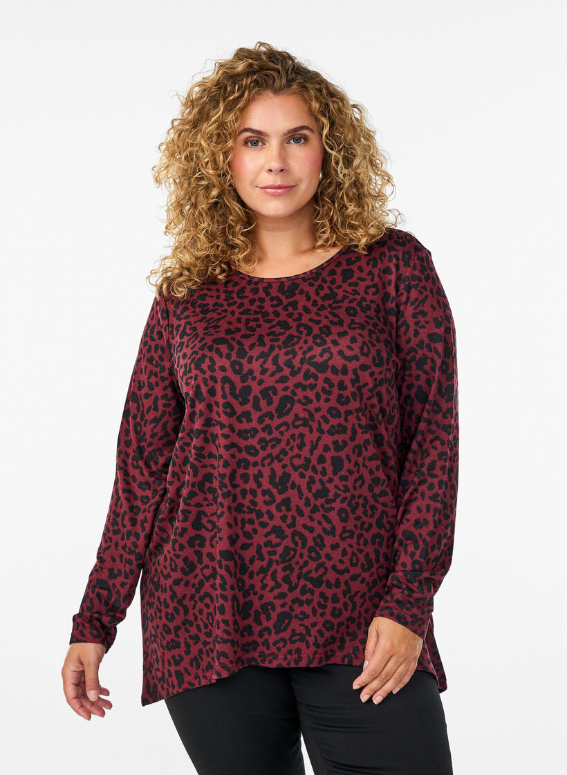 Gedessineerde blouse met lange mouwen, Donker Bordeaux, Model image number 0