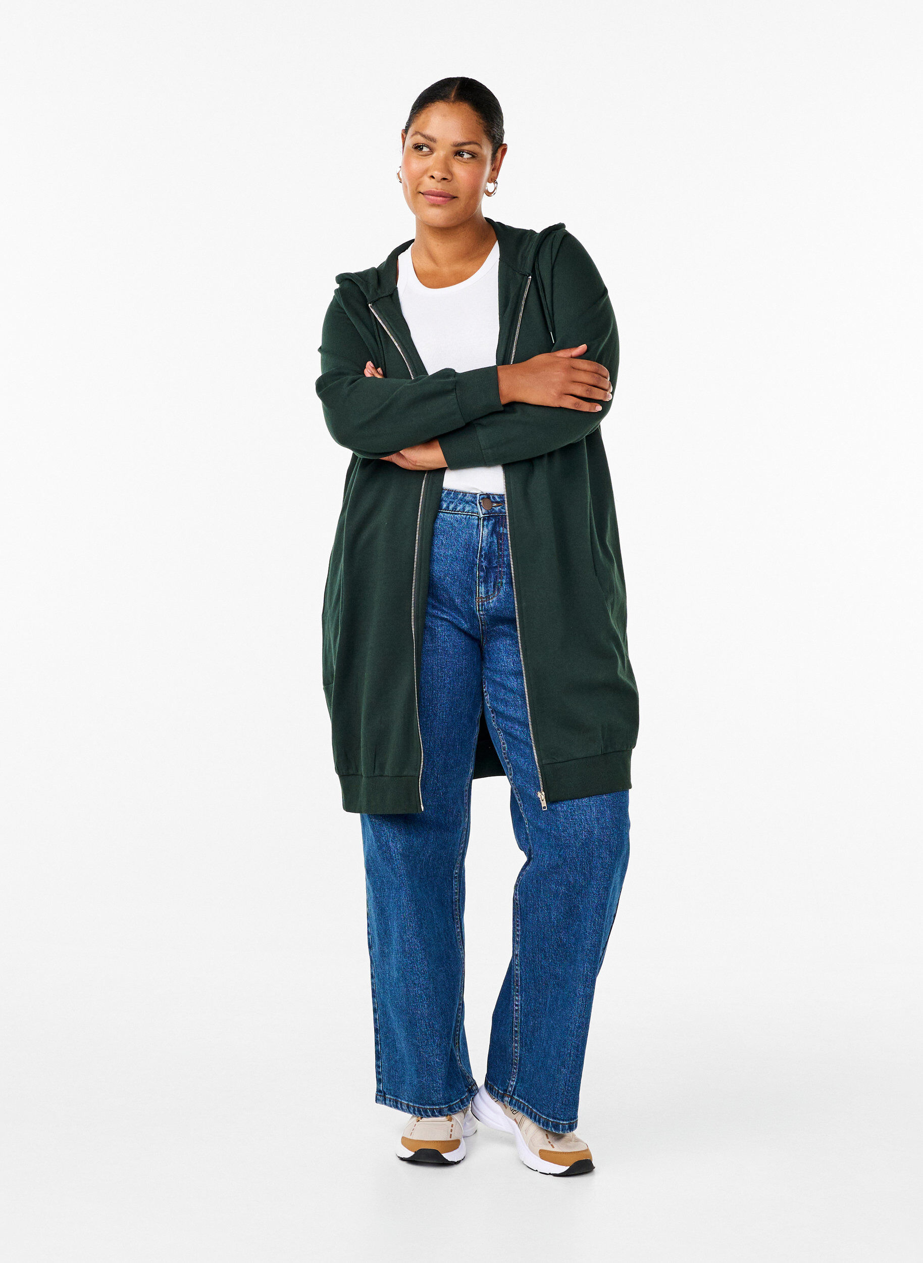 ZizziLang katoenen vest van sweatstof met capuchon, Groen, Model image number 1