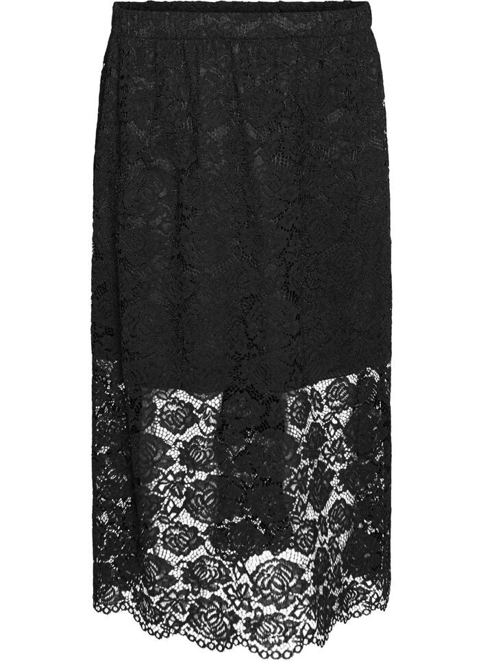 Jupe midi en dentelle avec taille &eacute;lastique, Noir, Packshot image number 0
