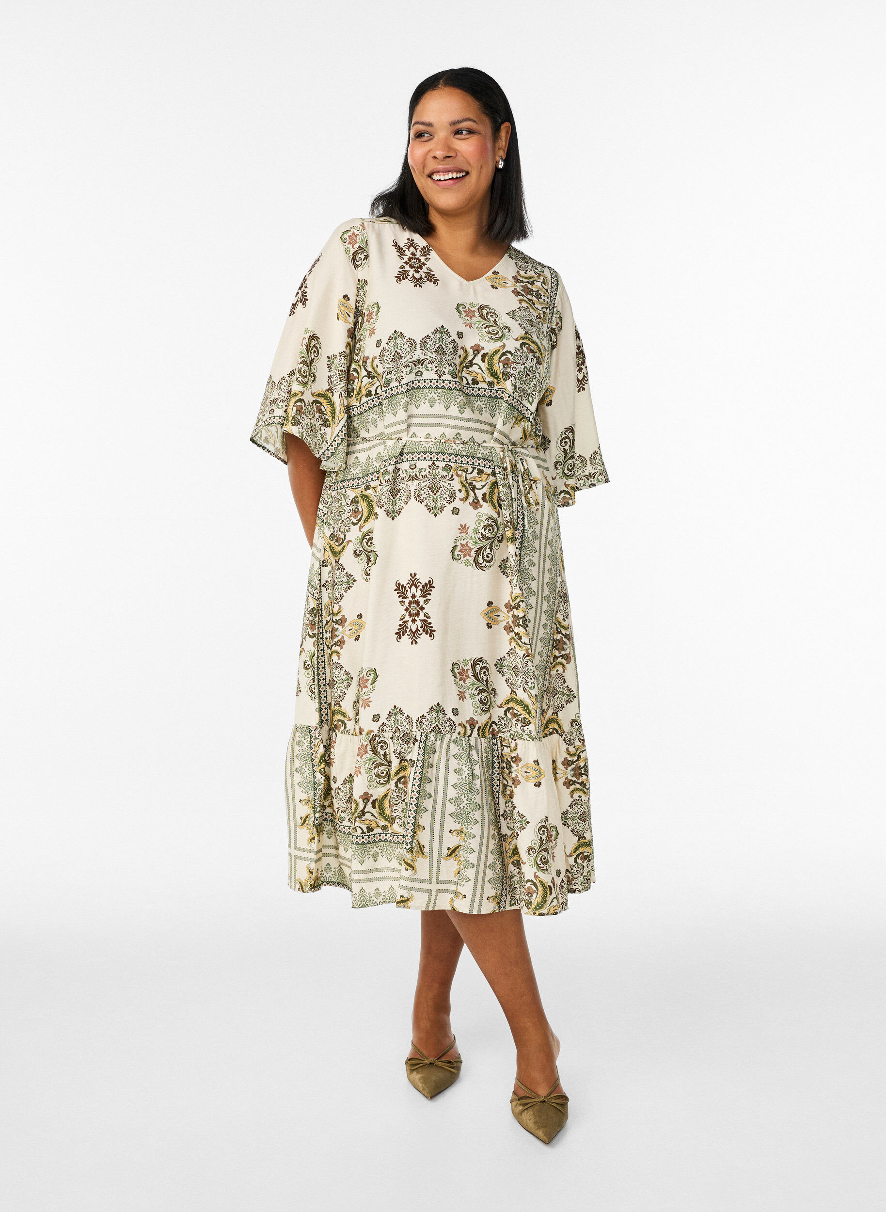 ZizziGedessineerde midi jurk in viscose met strikceintuur, Groen, Model image number 0