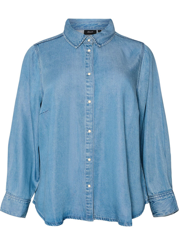 Denim blouse van lyocell met drukknopen, Blauw, Packshot image number 0
