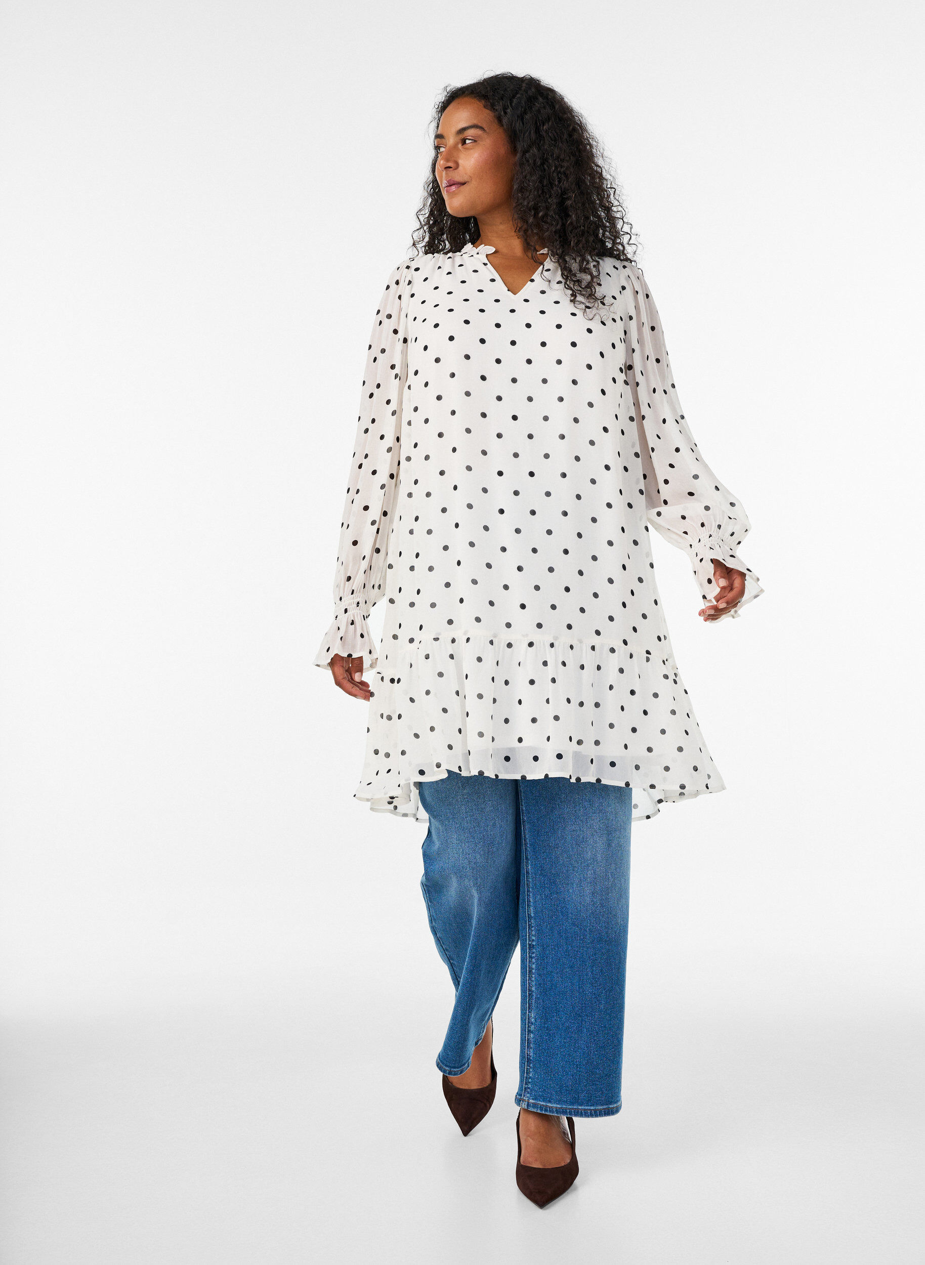 ZizziRobe en viscose avec volants et manches transparentes, Blanc, Model image number 1