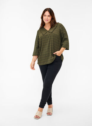 Geruite blouse met 3/4-mouwen en kraag met ruches, Ivy Green Check, Model image number 3
