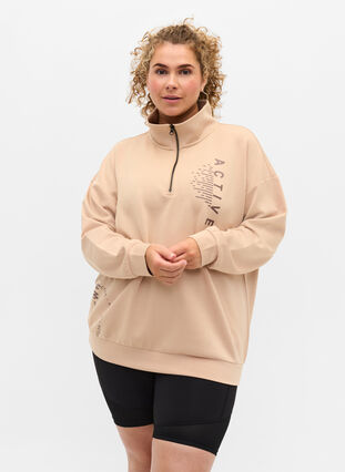 Sweatshirt met hoge hals en rits, Oatmeal, Model image number 0