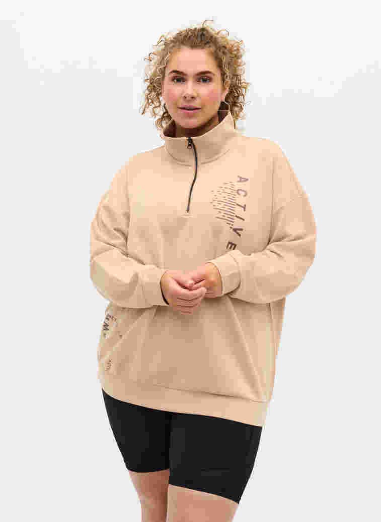 Sweatshirt met hoge hals en rits, Oatmeal, Model