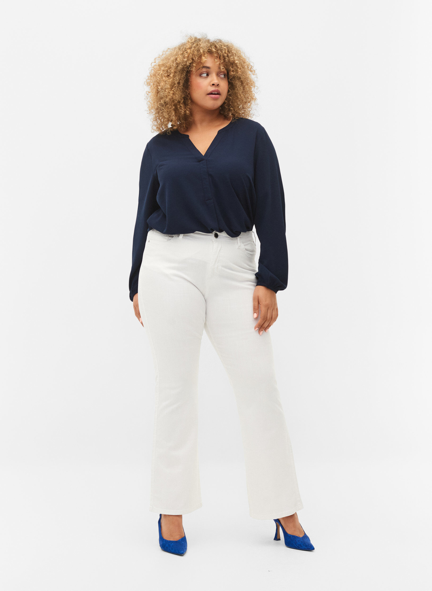 ZizziEllen bootcut jeans met hoge taille, Wit, Model image number 0