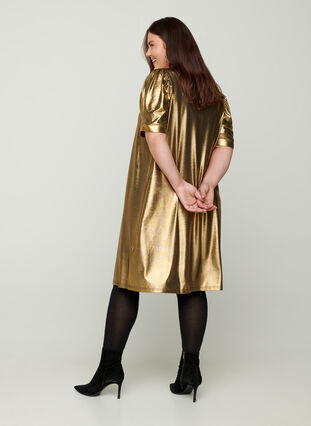 Robe trapèze à manches courtes bouffantes, Gold, Model image number 1