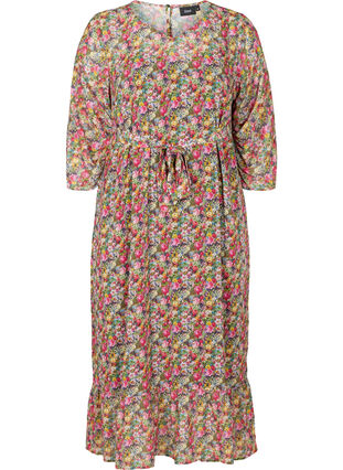 Gebloemde midi-jurk met striksluiting in de taille, Pink Flower AOP, Packshot image number 0