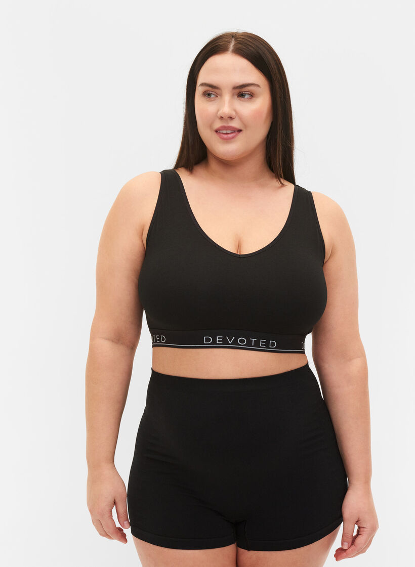 Soutien-gorge en coton non rembourr&eacute; avec impression de texte, Black/Upper Font, Model image number 2