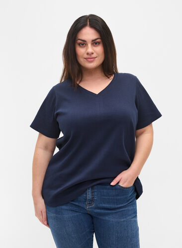 T-shirt en coton avec structure côtelée, Navy Blazer, Model image number 0