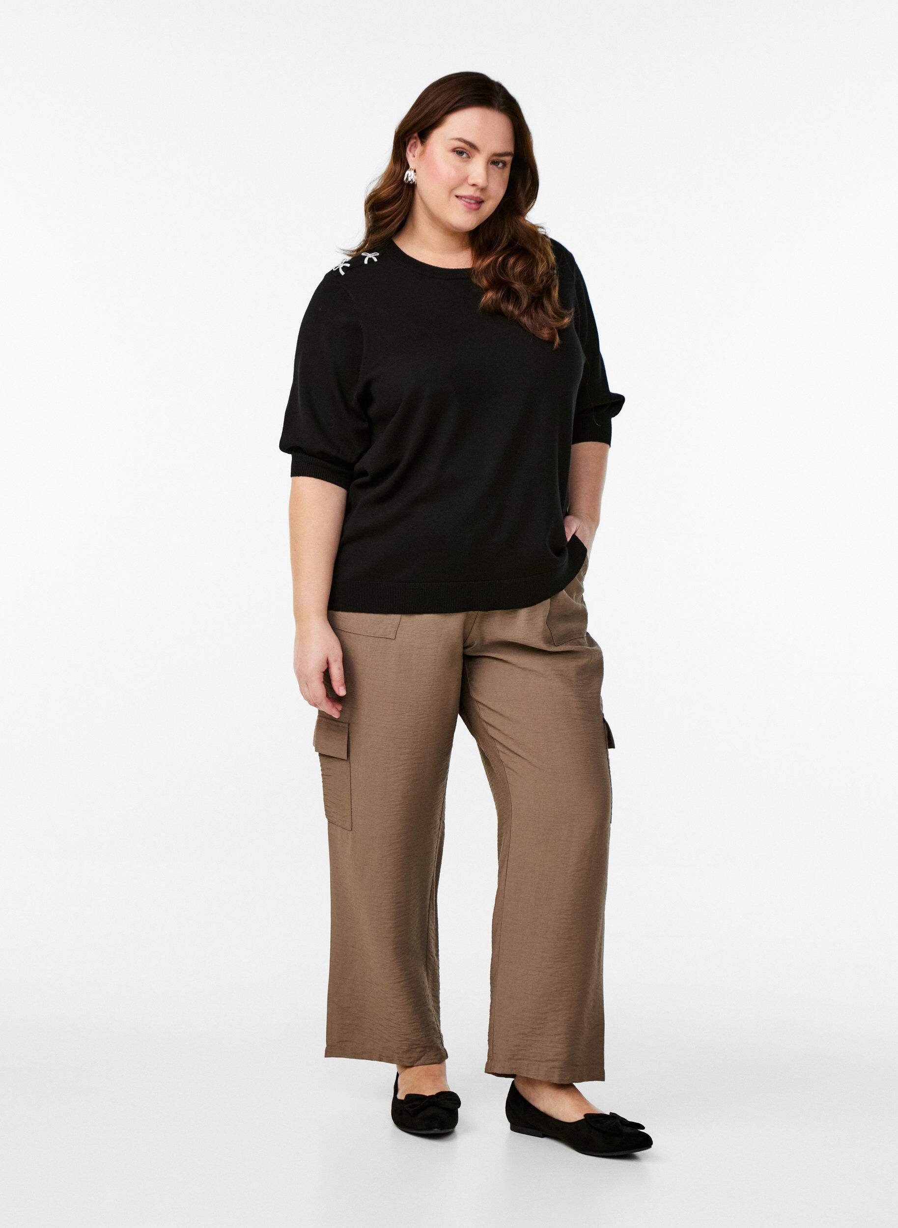 ZizziGebreide blouse met korte mouwen en kleine strikken, Zwart, Model image number 1