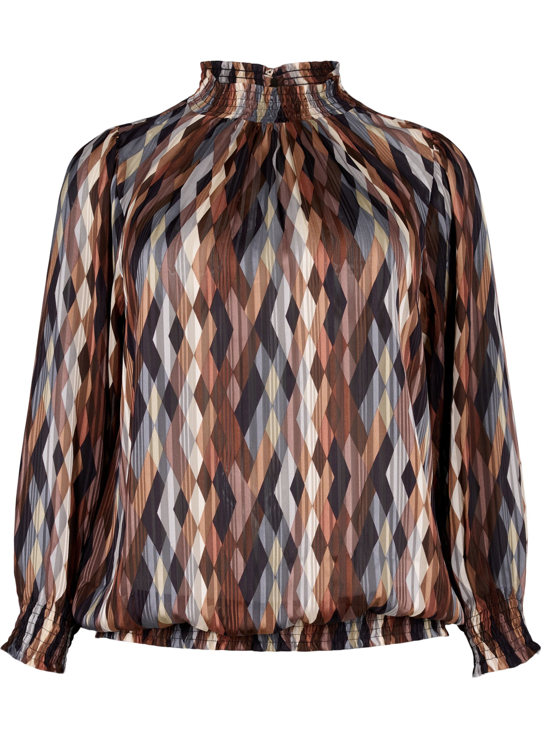 ZizziBedrukte blouse met smock, Earthy Zig Zag, Packshot image number 0