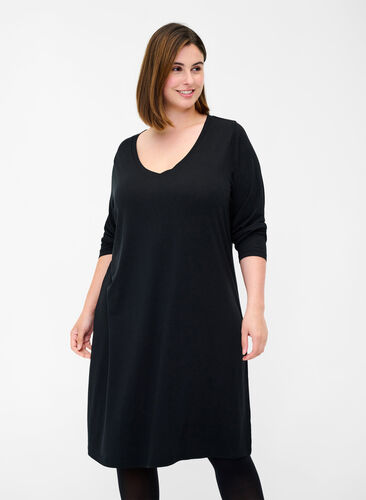 Effen jurk met v-hals en lange mouwen, Black, Model image number 0