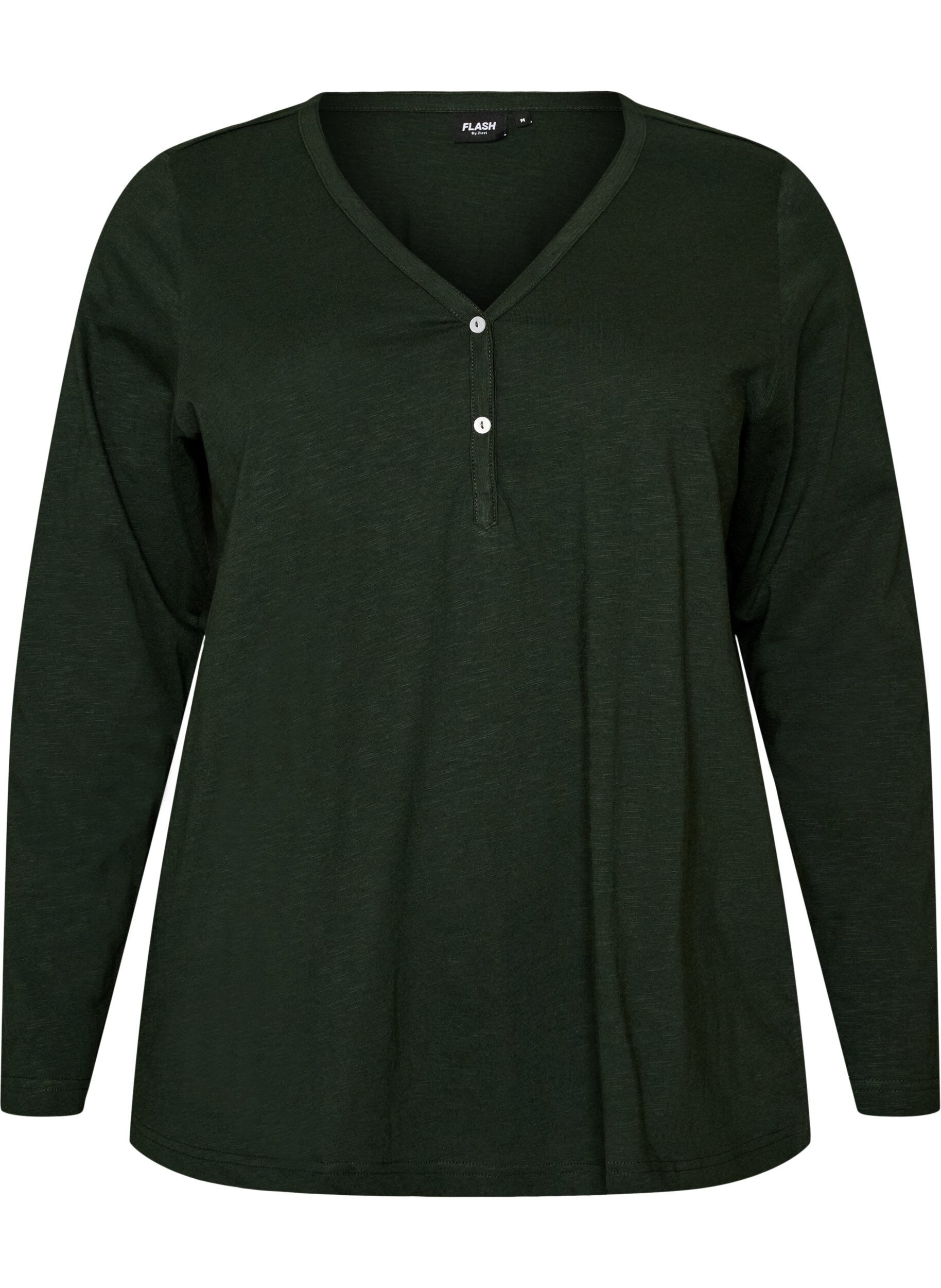 ZizziT-shirt &agrave; manches longues avec col V et boutons, Vert fonc&eacute;, Packshot image number 0