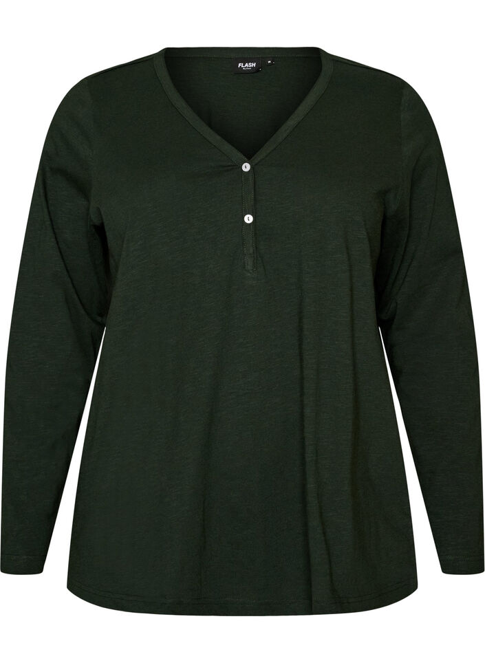 T-shirt &agrave; manches longues avec col V et boutons, Vert fonc&eacute;, Packshot image number 0