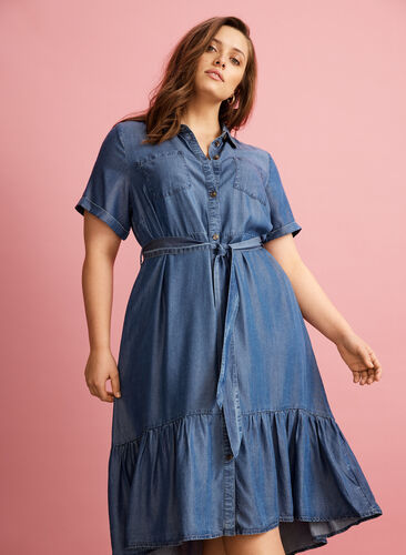 Midi-jurk met korte mouwen in lyocell, Medium Blue denim, Image image number 0