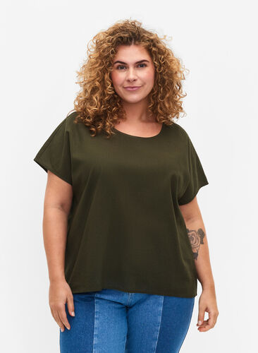Katoenen blouse met korte mouwen van katoenmix met linnen, Forest Night, Model image number 0