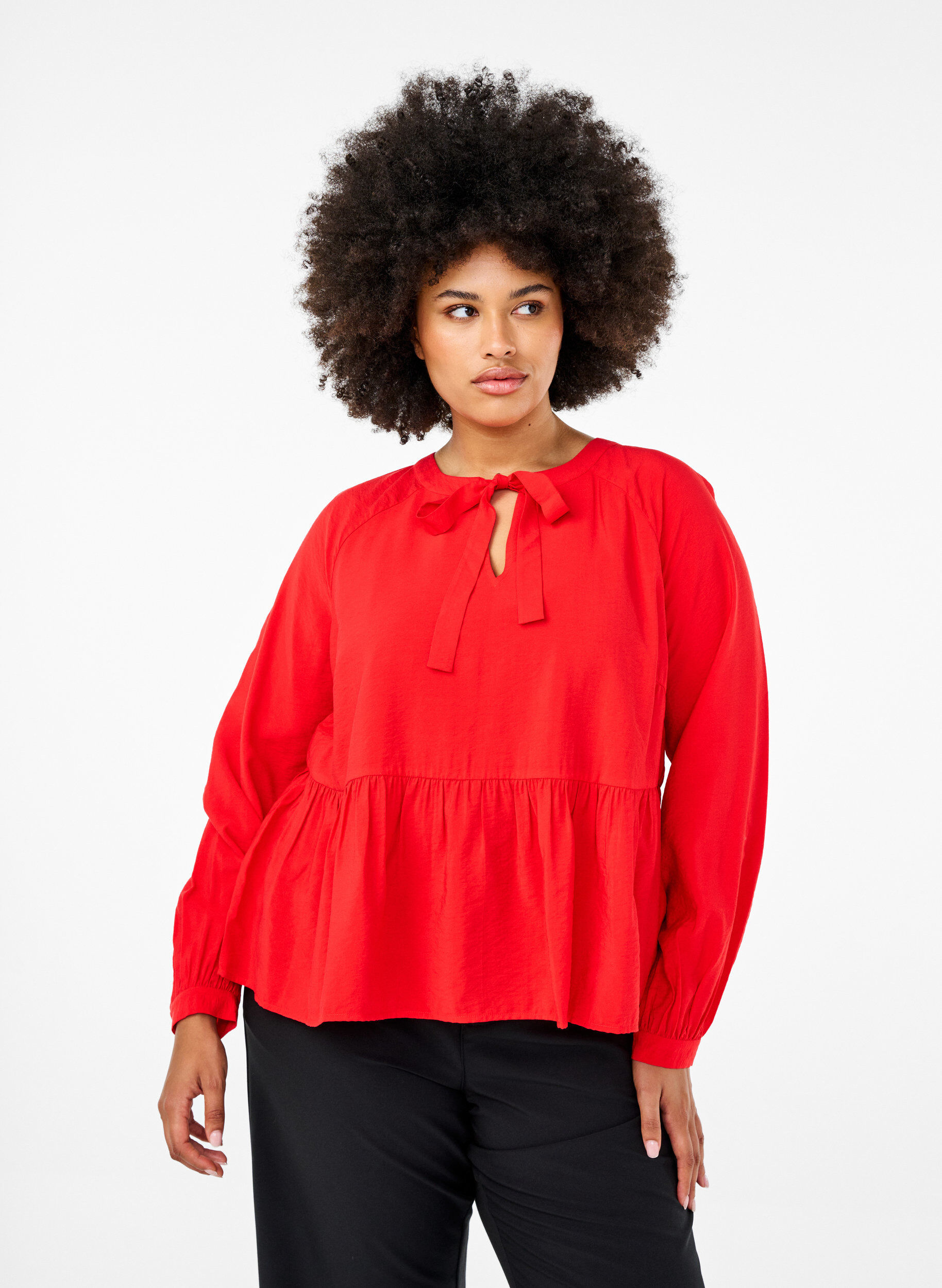Blouse met strik en lange mouwen, Rood, Model
