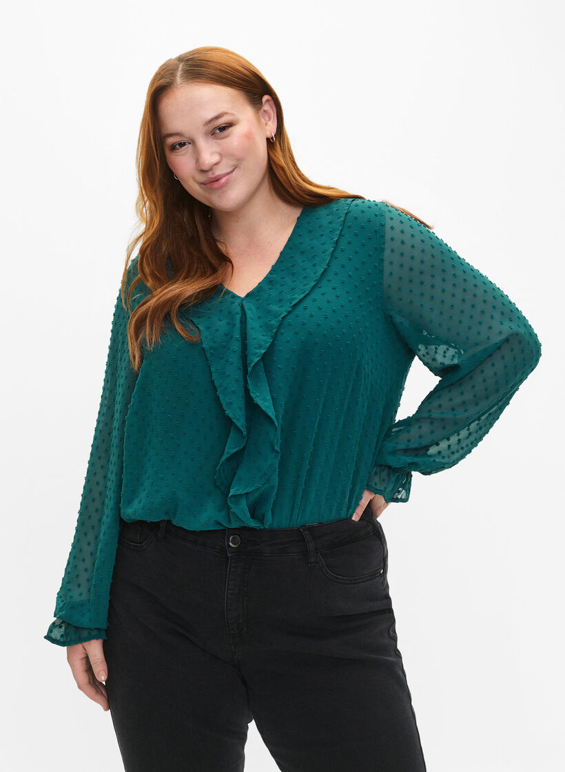 Blouse avec volants et texture en pointillés, Shaded Spruce, Model image number 0