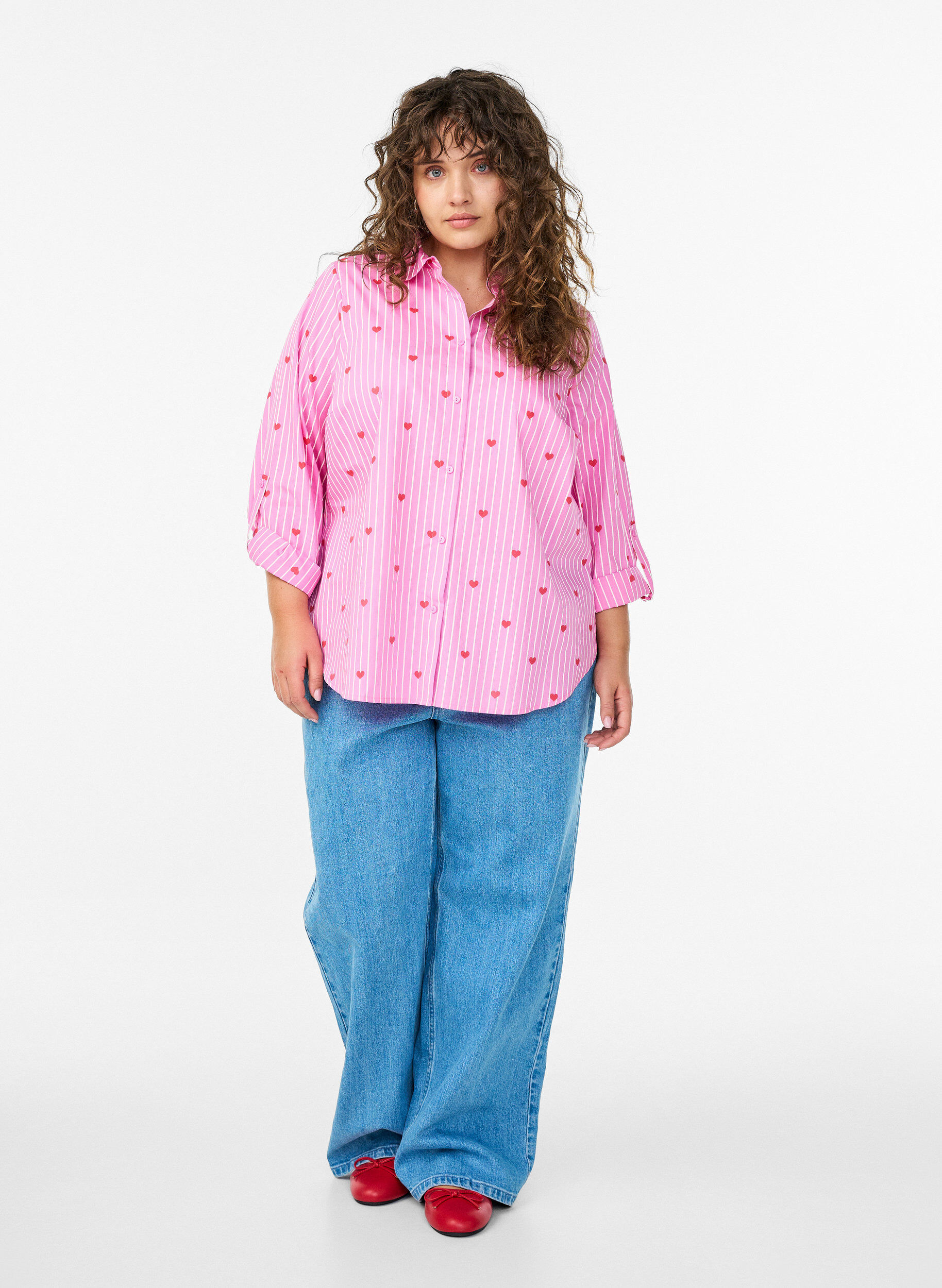 ZizziShirt blouse met strepen en hartjes, Roze, Model image number 1