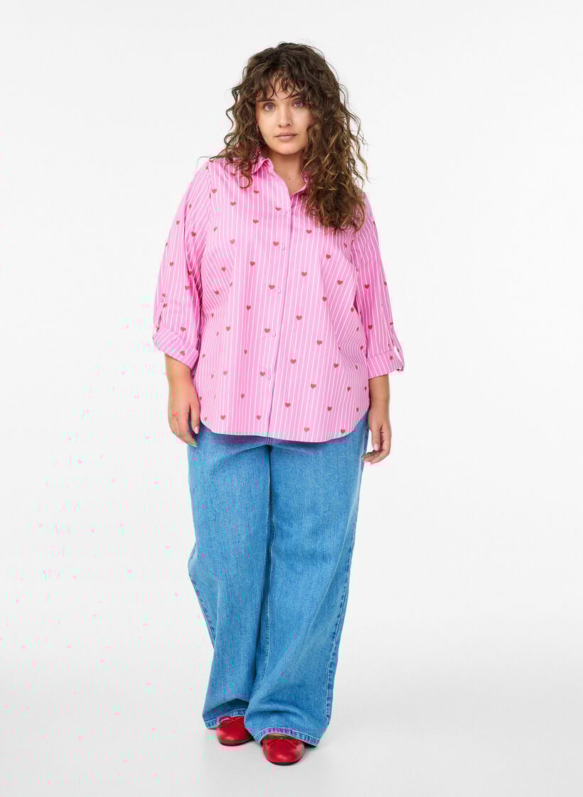 Shirt blouse met strepen en hartjes, Roze, Model image number 1