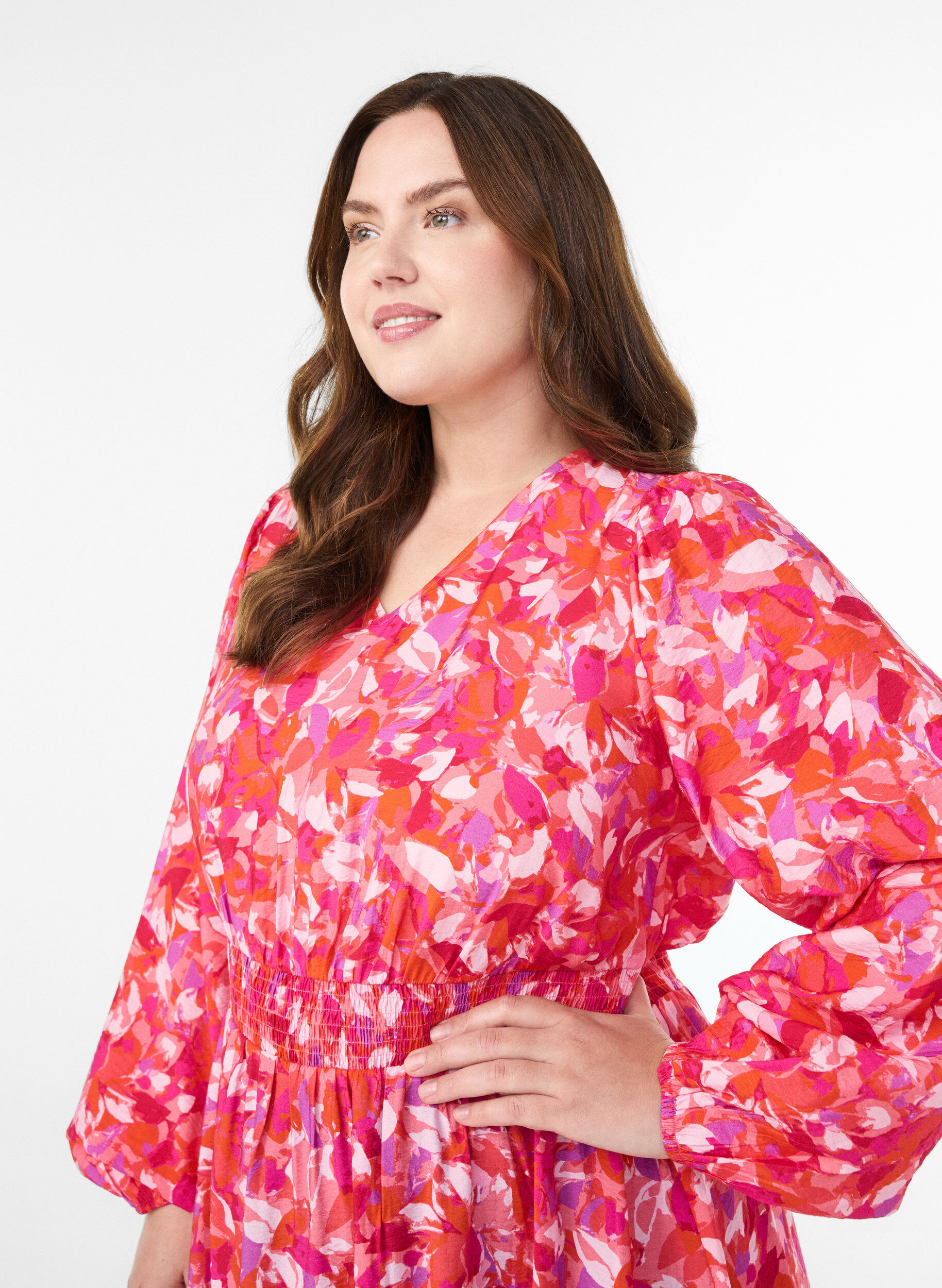 Zizzi Robe midi &agrave; motif feuillage color&eacute;, Rose, Model image number 3