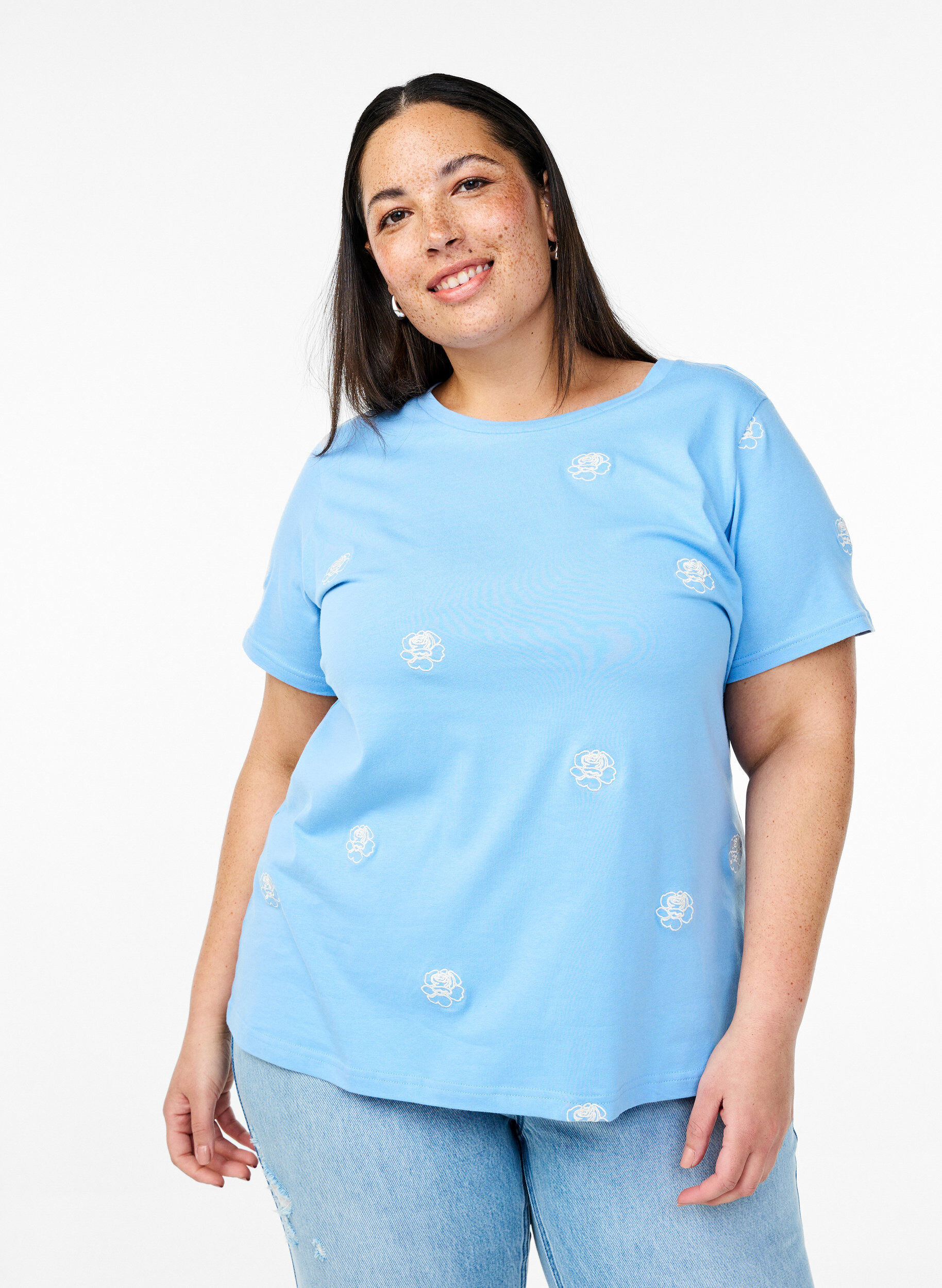 T-shirt en coton biologique avec motifs brod&eacute;s, Bleu Clair, Model