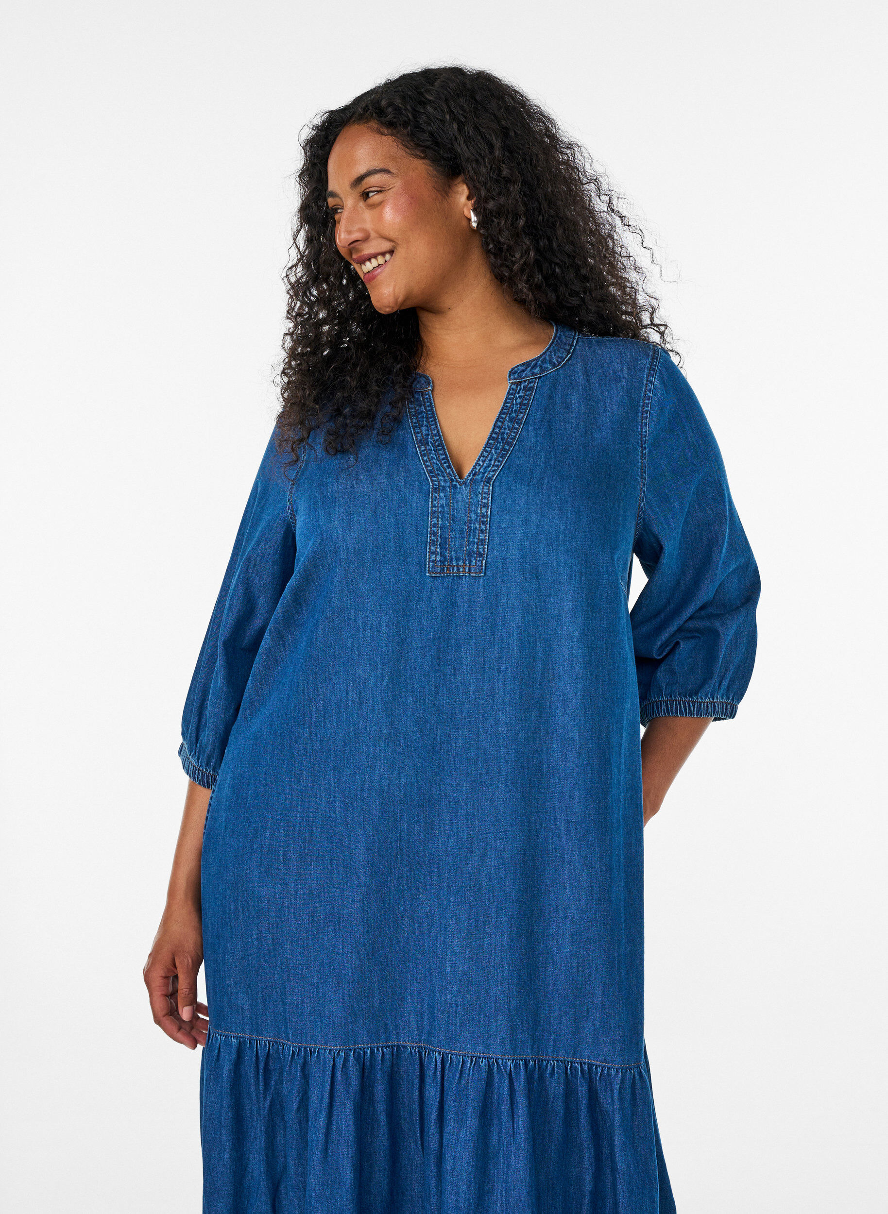 ZizziDenim maxi-jurk met gerimpelde lagen, Blauw, Model image number 2