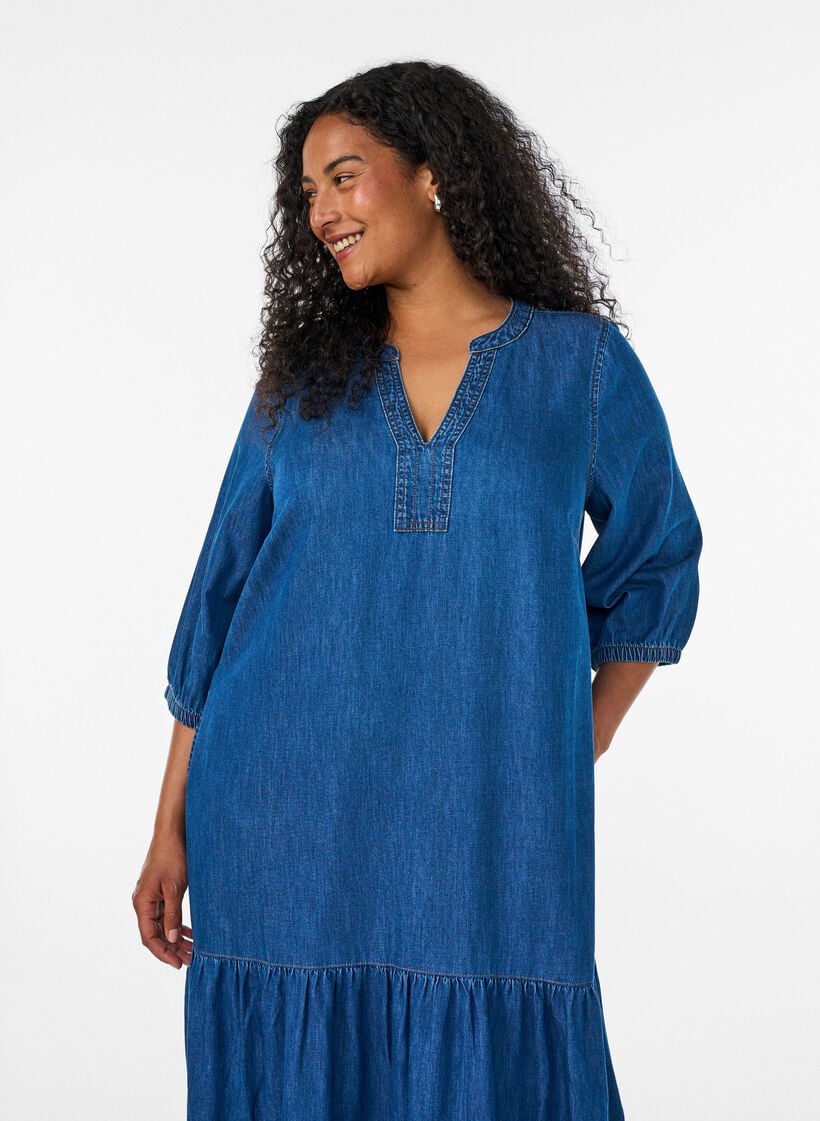 Denim maxi-jurk met gerimpelde lagen, Blauw, Model image number 2