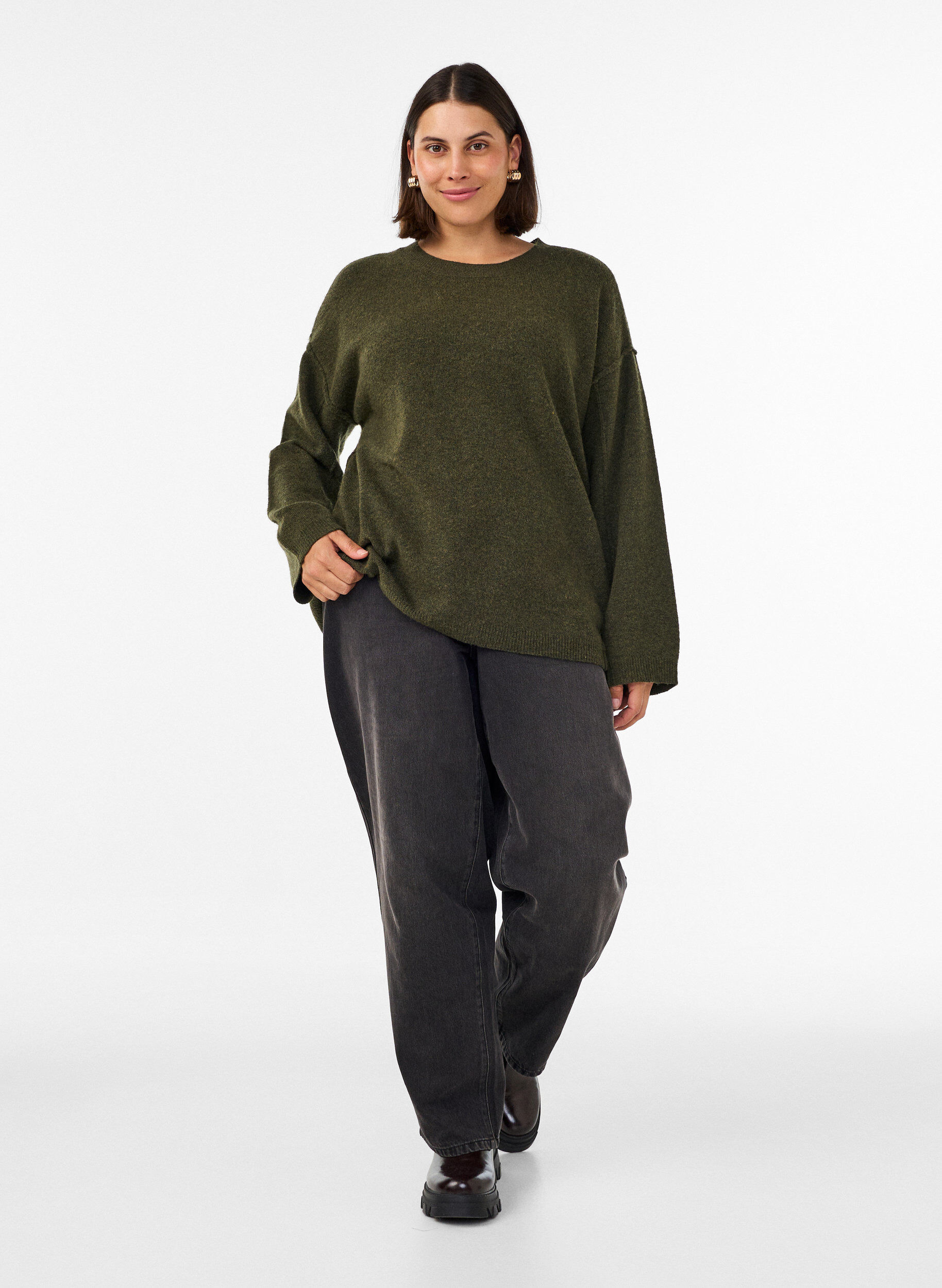 ZizziPull ample en maille avec coutures apparentes, Vert fonc&eacute;, Model image number 1
